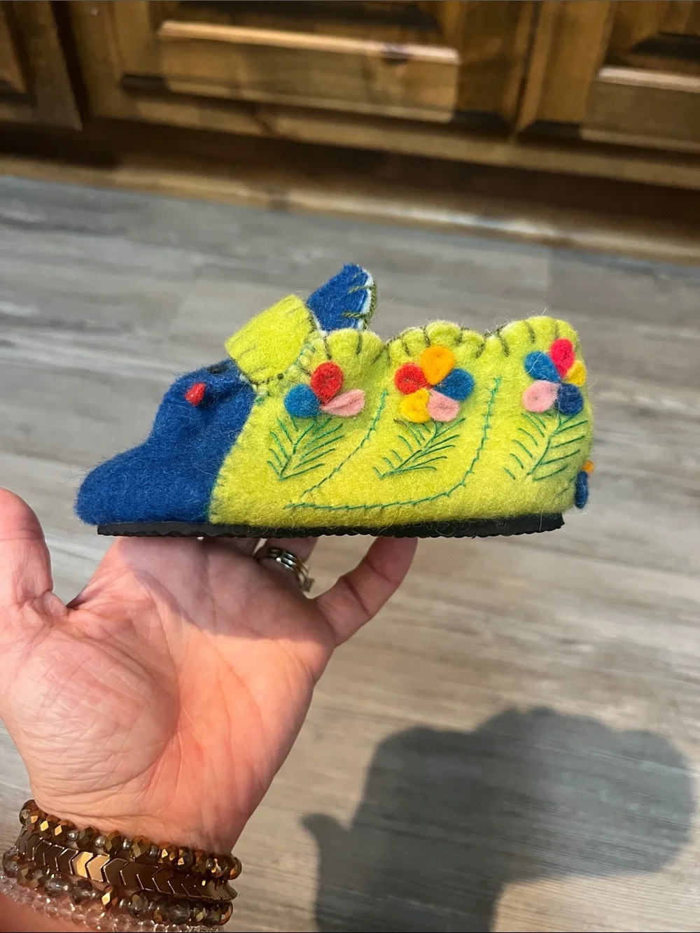 Children's Felt Moccasin Slippers in Blue and Lime Green with Floral Embroidery